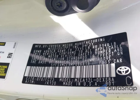 2021 Toyota Corolla Se/Night Shade z USA, uszkodzony, nr VIN 5YFS4MCE9MP086819